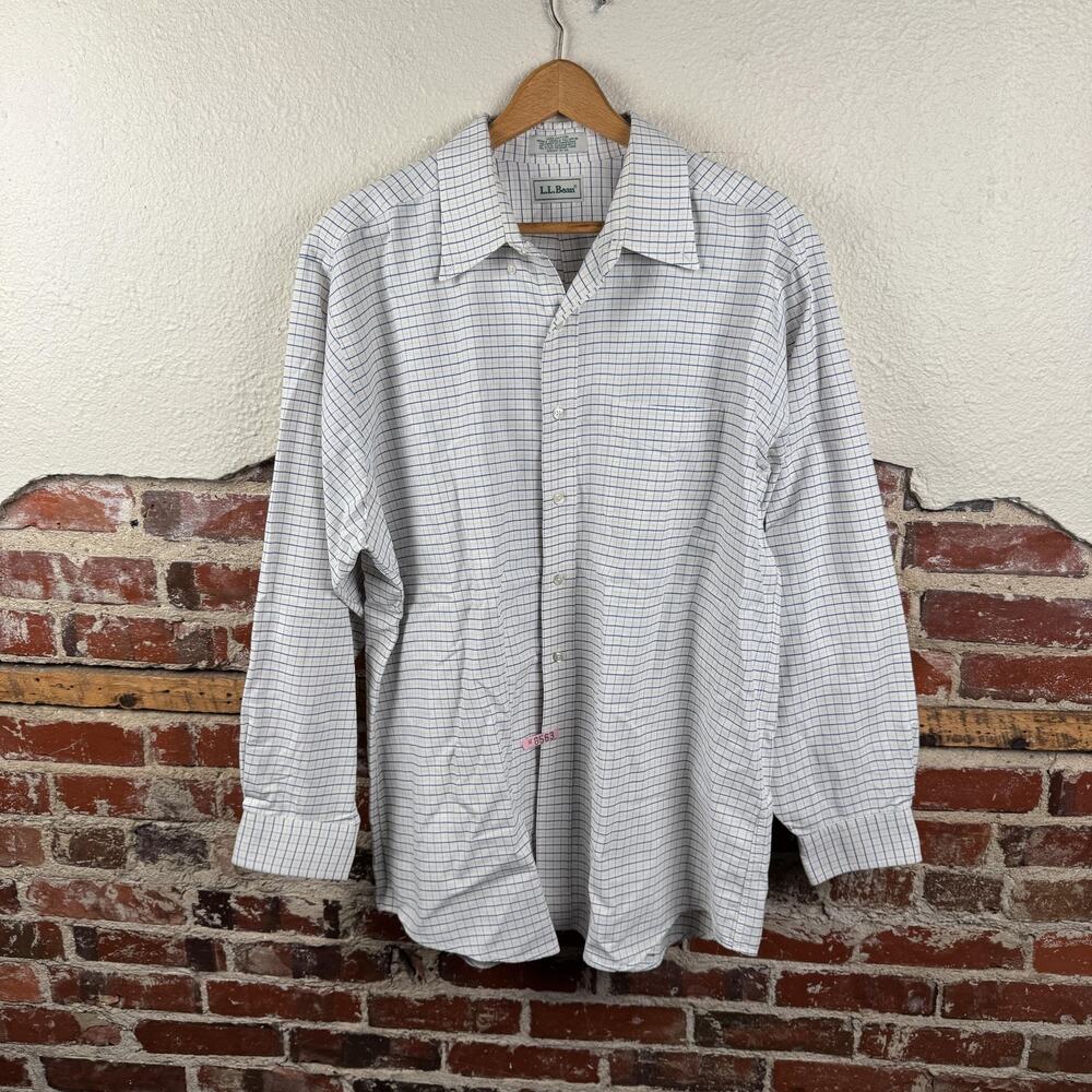 LL Bean Shirt Mens 2XL 18 35 White Blue Plaid Button Down Cotton Dress Casual